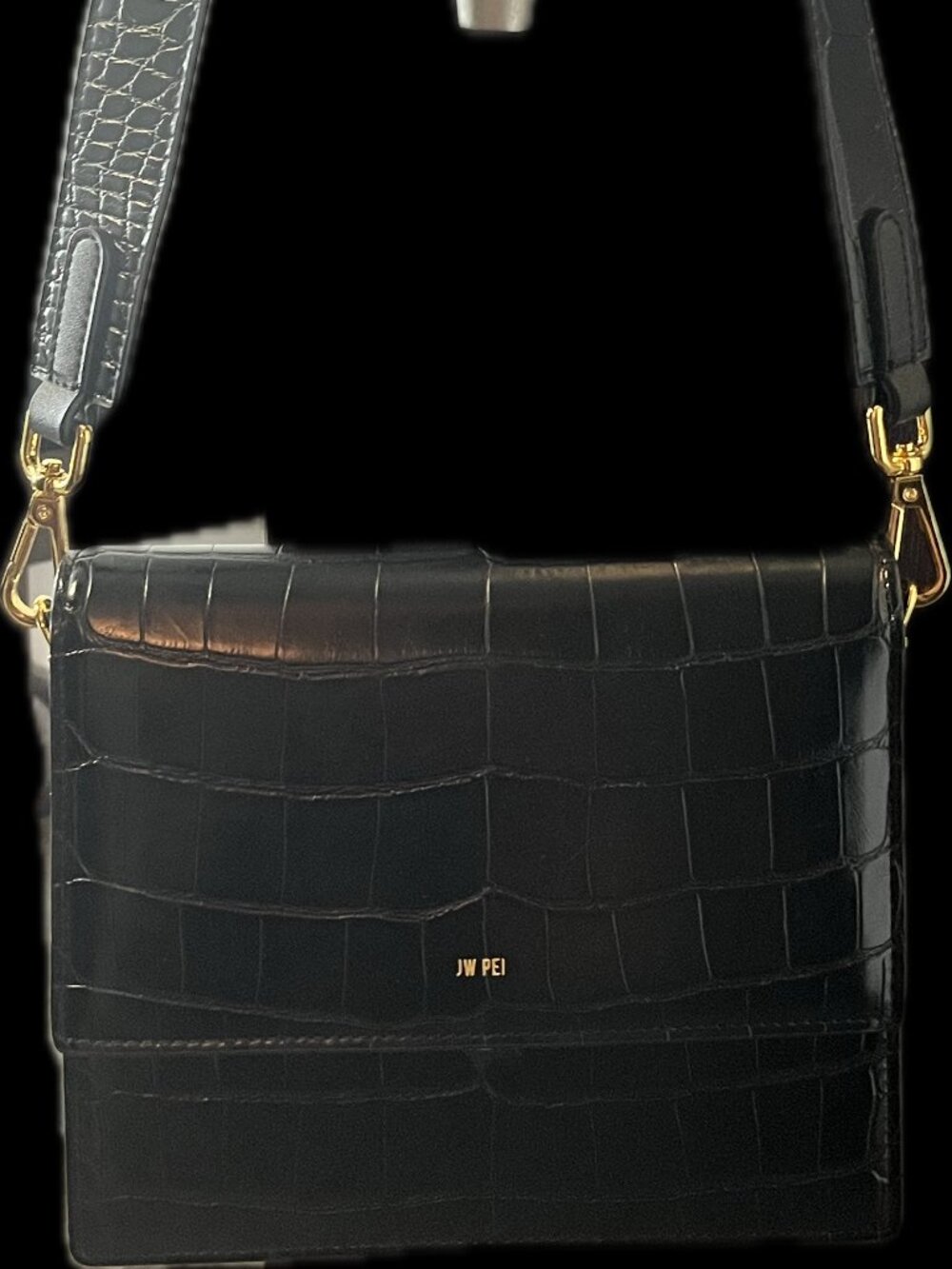 JW PEI black croc‑embossed crossbody